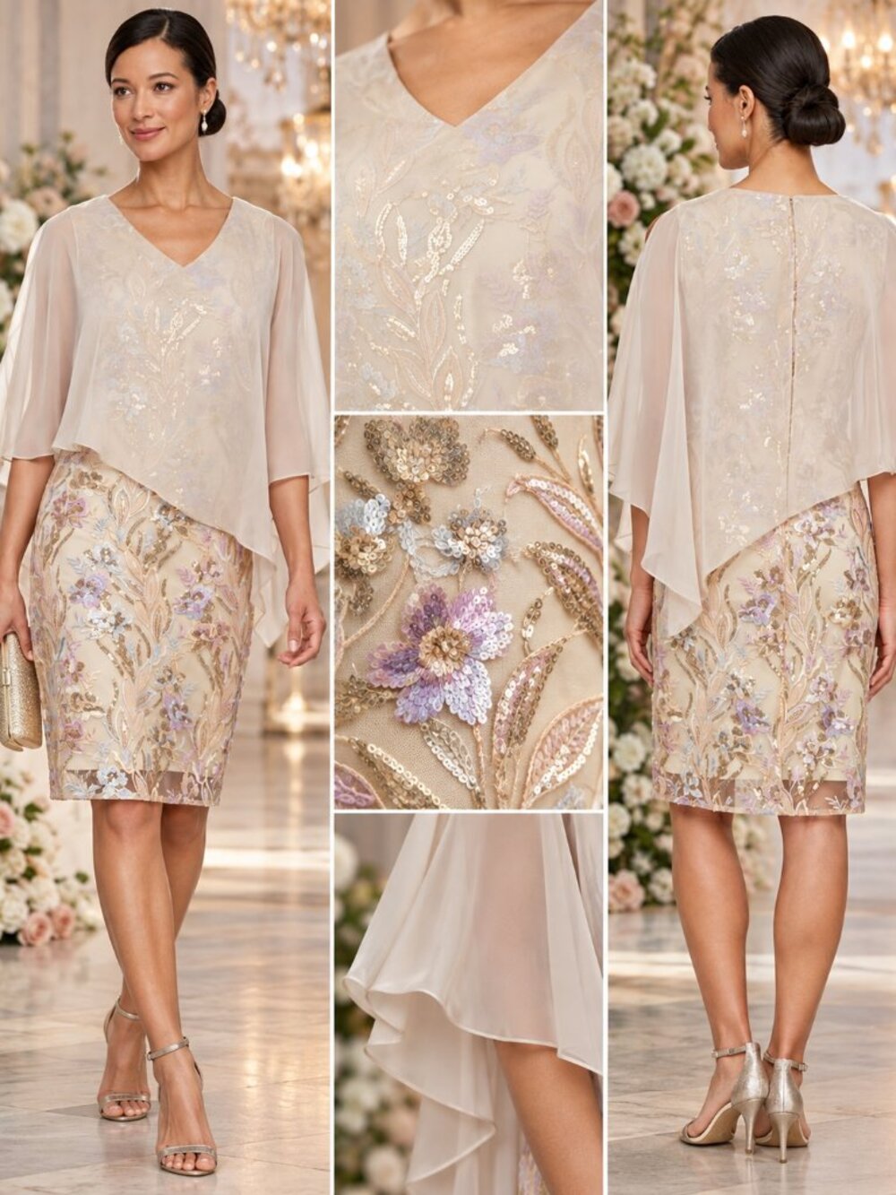 SL Fashions Champagne Sequin Floral Cape Overlay Dress Size 16 NWT